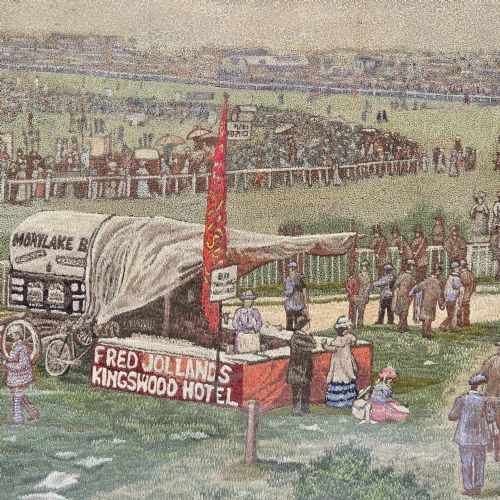 fig 1. A framed rectangular silk needlework picture depicting figures gathered at the Epsom racecourse within an ornate gilded frame.