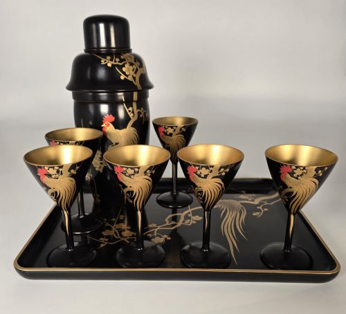 A RARE JAPANESE HAND PAINTED LACQUER COCKTAIL SET C1920