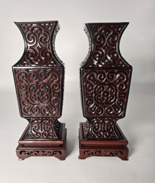 fig 1. A pair of Chinese Republican period cinnabar lacquer vases and stands C1920