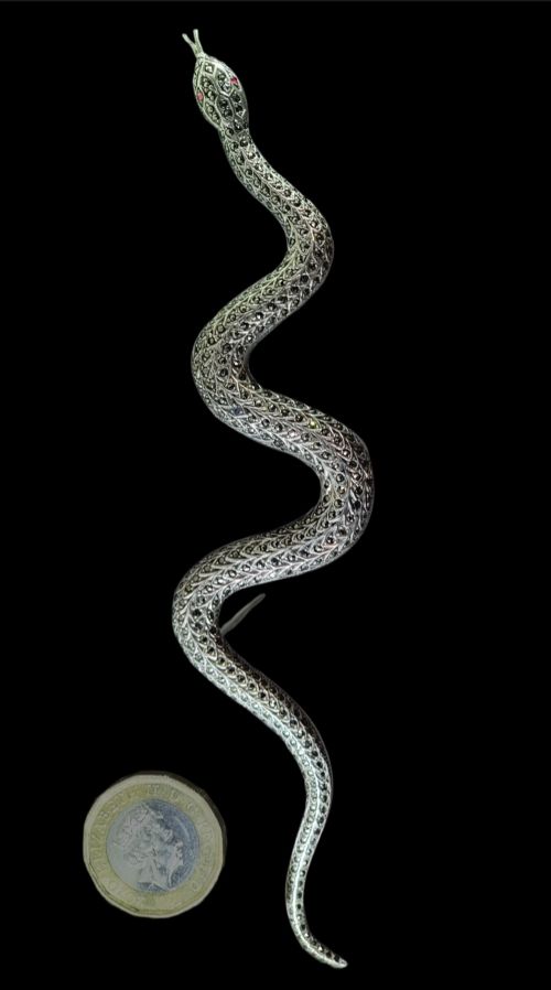 Stirling Silver and Marcasite Snake Brooch from the Art Deco Period