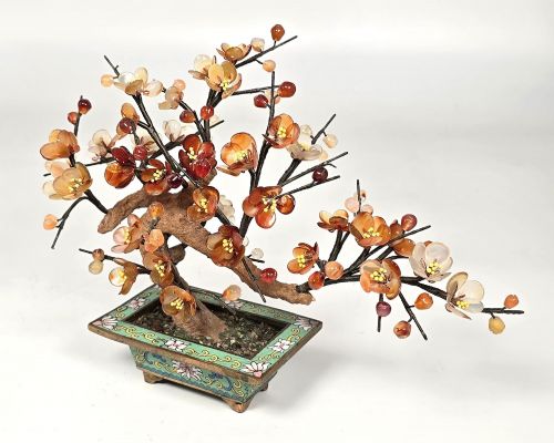 A CHINESE CLOISONN AND CARVED HARDSTONE PRUNUS BONSAI TREE - ADDITIONAL PHOTO 1