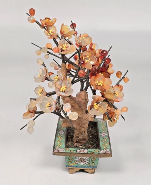 A CHINESE CLOISONN AND CARVED HARDSTONE PRUNUS BONSAI TREE - ADDITIONAL PHOTO 2