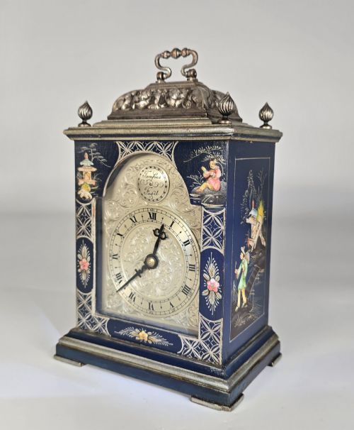 A Rare Miniature Blue Lacquer and Chinoiserie Bracket Clock