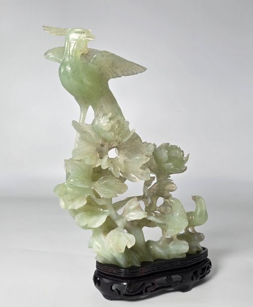 Chinese Pale Green Carved Stone Group of Birds C 1930