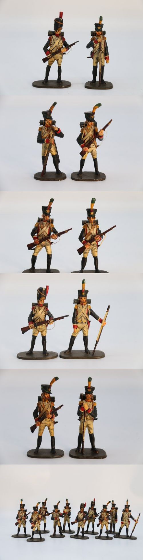 A GROUP OF TEN HAND CARVED AND PAINTED WOODEN NAPOLEONIC SOLDIER FIGURES