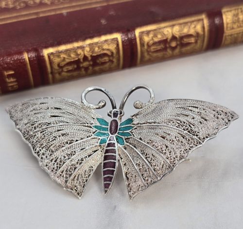 Silver Filigree and Enamel Butterfly Brooch, Continental Circa 1930