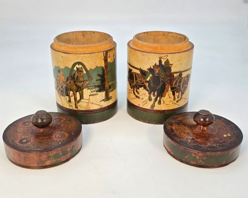 A PAIR OF TREEN RUSSIAN TOBACCO CONTAINERS WITH CARVED AND PAINTED DECORATION CIRCA 1890 - ADDITIONAL PHOTO 2