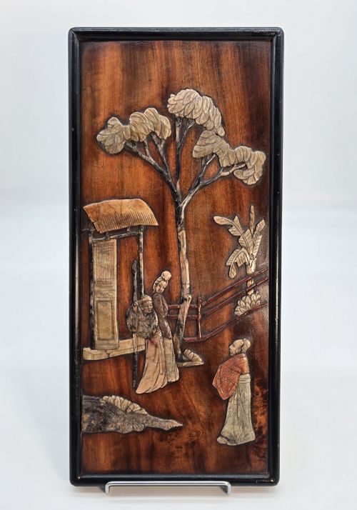 A 19TH C CHINESE CARVED STONE FRAMED PICTURE
