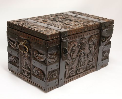 A SHIPS CARVED OAK AND STEEL BOUND STRONG BOX CIRCA 1840