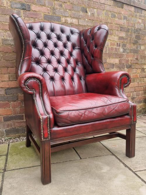 LARGE GEORGE III STYLE LEATHER WING ARMCHAIR C1930 - ADDITIONAL PHOTO 8