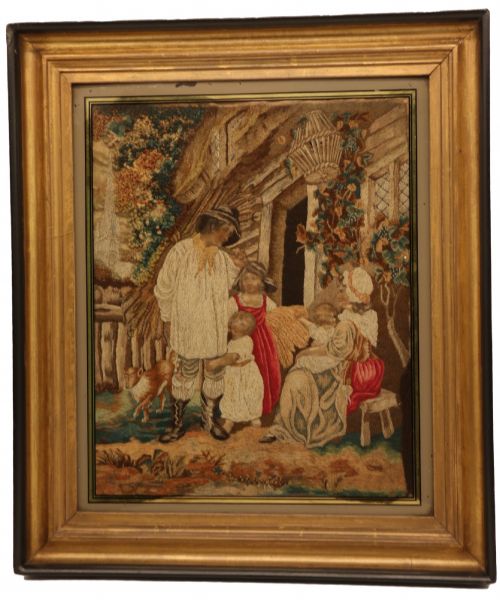 19TH C NEEDLEWORK AND HAND PAINTED SILK PICTURE ENGLISH CIRCA 1830