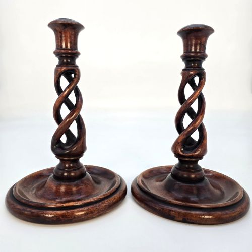 A Pair of Late 18th C Fruitwood Open Twist Candlesticks