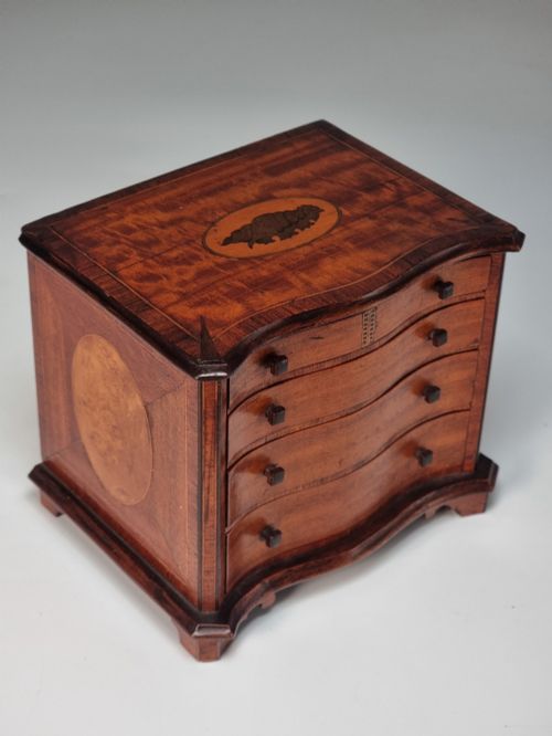 English Miniature Satinwood Serpentine Chest of Drawers by A. F. Lloyd, Bideford, Dated 1907