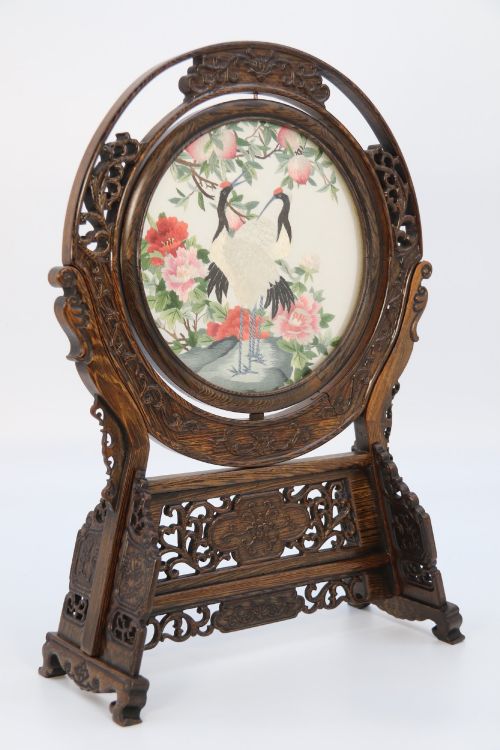 Chinese Double Sided Silk Embroidery on Rotating Hardwood Display Stand, C.1920