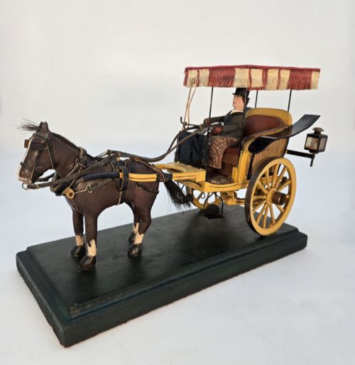 RARE SCRATCH BUILT FOLK ART WOODEN MODEL OF A PARIS CHAISE CARRIAGE HORSE DRIVER SIGNED DATED 1928