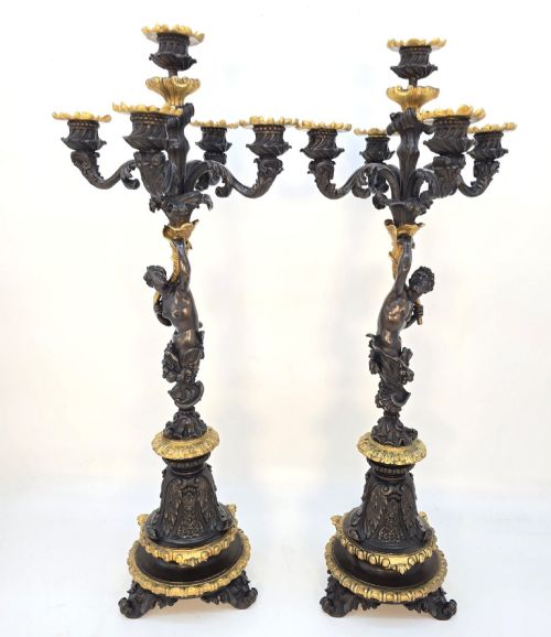 PAIR OF 19TH CENTURY FRENCH BRONZE AND GILT FIVE LIGHT CANDELABRA