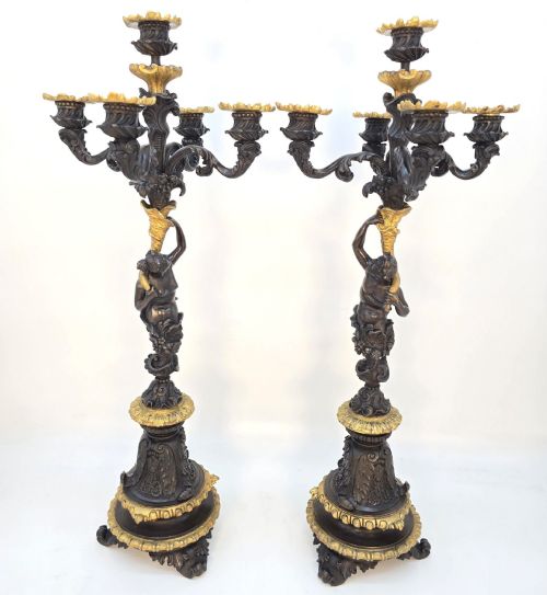 PAIR OF 19TH CENTURY FRENCH BRONZE AND GILT FIVE LIGHT CANDELABRA - ADDITIONAL PHOTO 1
