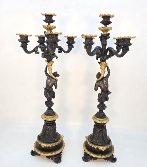 PAIR OF 19TH CENTURY FRENCH BRONZE AND GILT FIVE LIGHT CANDELABRA - ADDITIONAL PHOTO 2