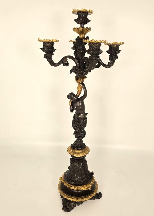 PAIR OF 19TH CENTURY FRENCH BRONZE AND GILT FIVE LIGHT CANDELABRA - ADDITIONAL PHOTO 5
