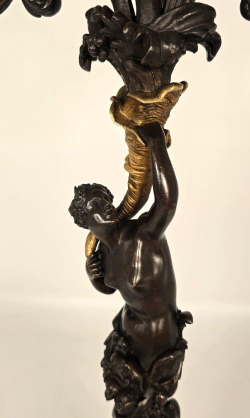 PAIR OF 19TH CENTURY FRENCH BRONZE AND GILT FIVE LIGHT CANDELABRA - ADDITIONAL PHOTO 6