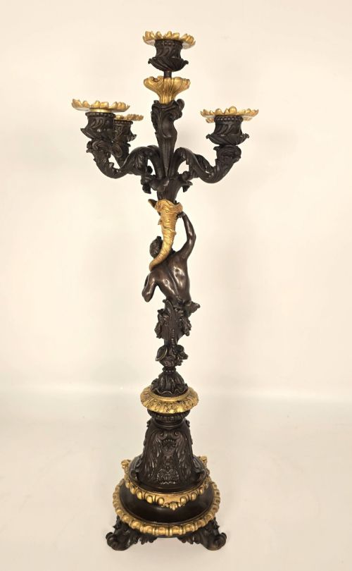 PAIR OF 19TH CENTURY FRENCH BRONZE AND GILT FIVE LIGHT CANDELABRA - ADDITIONAL PHOTO 9