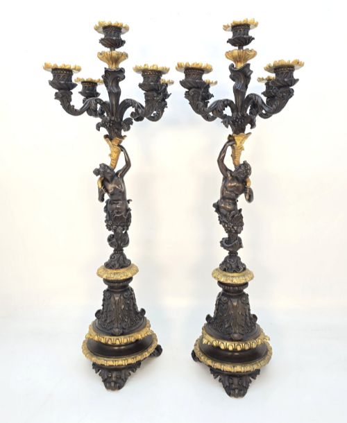 PAIR OF 19TH CENTURY FRENCH BRONZE AND GILT FIVE LIGHT CANDELABRA - ADDITIONAL PHOTO 11
