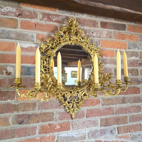 ANTIQUE FRENCH 19TH CENTURY ORMOLU WALL MIRROR WITH SIX BRANCH CANDELABRA CIRCA 1860