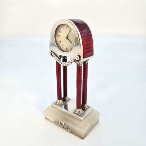 GEORG ADAM SCHEID SILVER AND ENAMEL MINIATURE PORTICO DESK CLOCK VIENNA C1900 - ADDITIONAL PHOTO 2