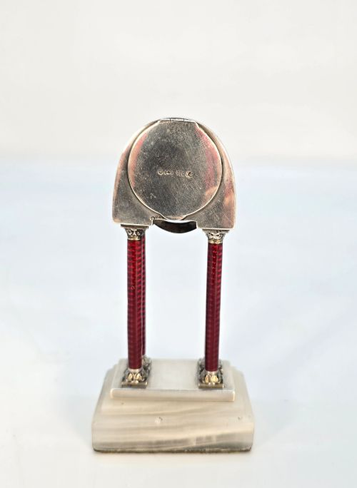 GEORG ADAM SCHEID SILVER AND ENAMEL MINIATURE PORTICO DESK CLOCK VIENNA C1900 - ADDITIONAL PHOTO 5