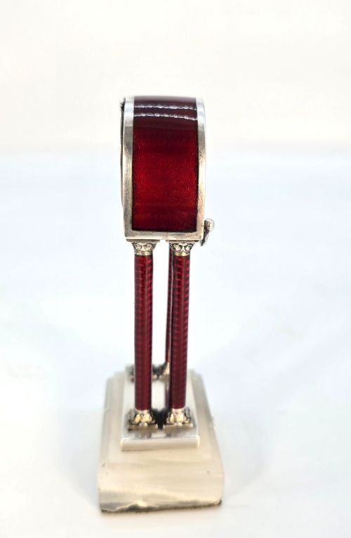 GEORG ADAM SCHEID SILVER AND ENAMEL MINIATURE PORTICO DESK CLOCK VIENNA C1900 - ADDITIONAL PHOTO 7