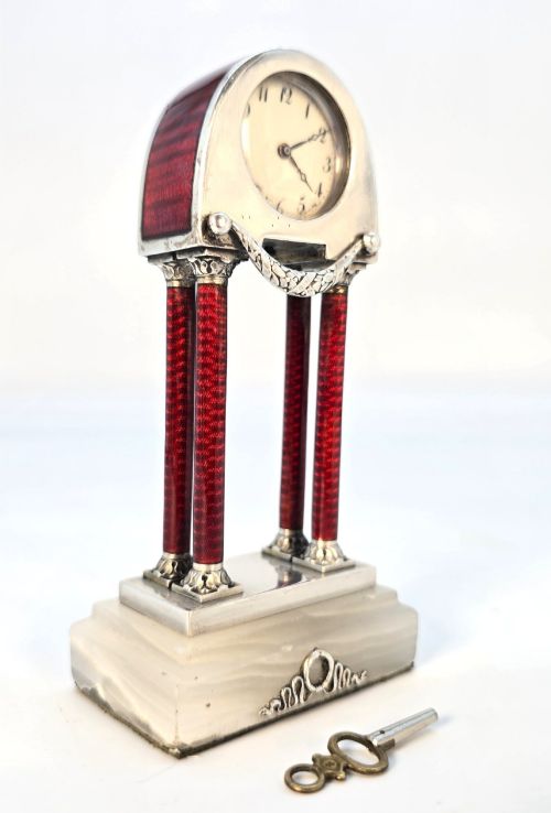 GEORG ADAM SCHEID SILVER AND ENAMEL MINIATURE PORTICO DESK CLOCK VIENNA C1900 - ADDITIONAL PHOTO 12