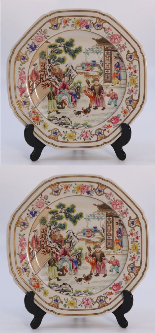 A RARE PAIR OF SPODE STONE CHINA OCTAGONAL CABINET PLATES ENGLAND CIRCA 1820