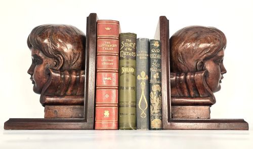 Pair of Ecclesiastical Choir Boy Carved Mahogany Library Bookends C1860