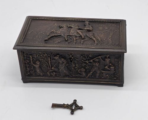 A Bronze Jewellery Casket Finely Decorated with 18th Century Rural Scenes