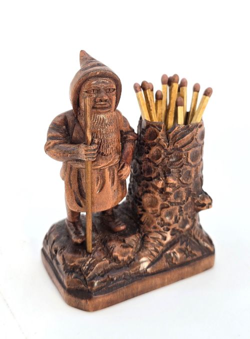 A Carved Limewood Match Holder/striker in the Form of a Gnome Signed & Dated 1916