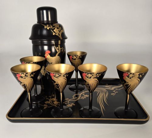 A Rare Japanese Hand Painted Lacquer Cocktail Set, C1920