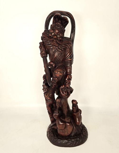 Monumental Chinese Carved Hardwood Sculpture of a Guardian King (Lokapala)