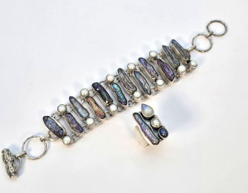 A 1960s  Japanese Silver and Biwa Pearl Bracelet and Matching Ring.
