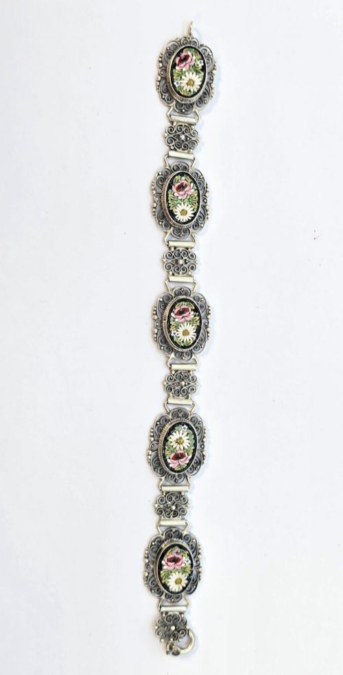 A Rare Italian Silver Filigree and Micro Mosaic Bracelet C1920