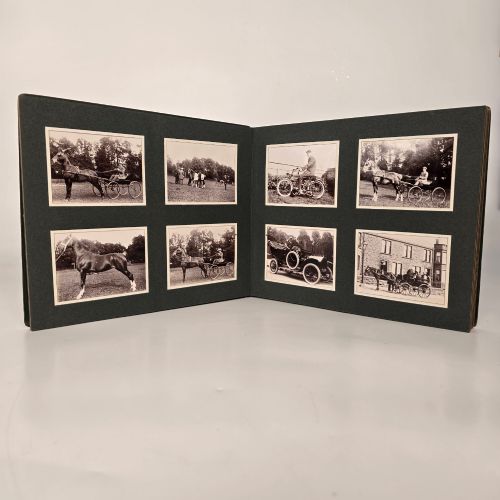fig 1. A set of three dark green cloth-bound Edwardian photograph albums stacked diagonally, featuring gold-embossed lettering and a geometric motif.