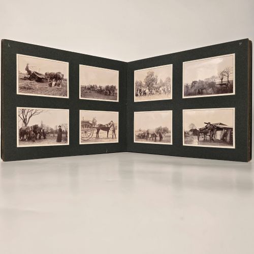 fig 3. A set of three dark green cloth-bound Edwardian photograph albums stacked diagonally, featuring gold-embossed lettering and a geometric motif.