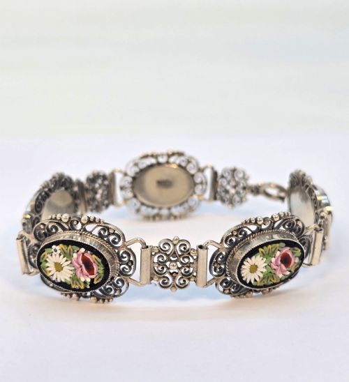A Rare Italian Silver Filigree and Micro Mosaic Bracelet C1920