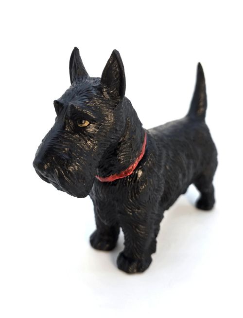 fig 2. A 1920s black cast metal table lighter crafted in the form of a standing Scottish Terrier with a painted red collar.