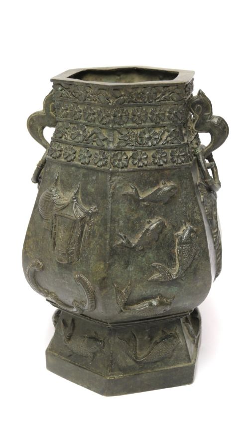 Chinese Hexagonal Shaped Solid Bronze Vessel Circa 1860