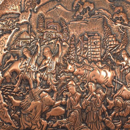 fig 3. A circular 19th-century Persian copper charger plate featuring dense repousse and engraved figural and landscape scenes surrounded by ornate floral borders.