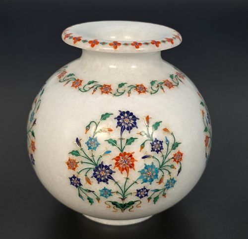 Indian Pietra Dura Inlaid Marble Vase from the Raj Period Circa 1910