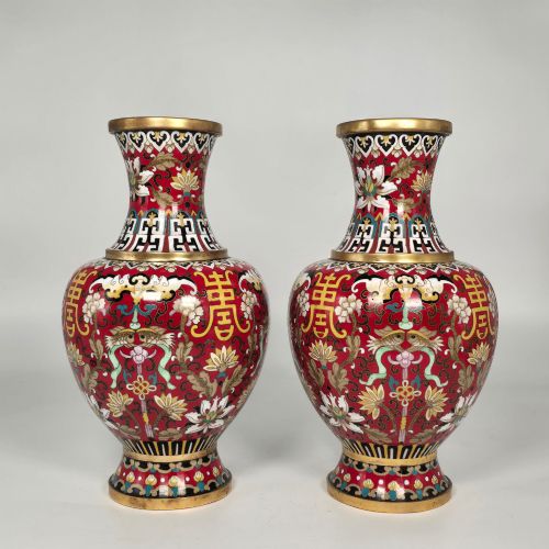A Highly Decorative Pair of Large Scale Chinese Cloisonné Enamel Vases