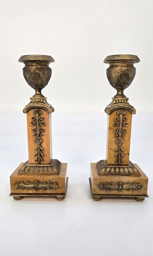 Pair of French Empire Gilt-bronze and Carrara Marble Candlesticks, Circa 1830