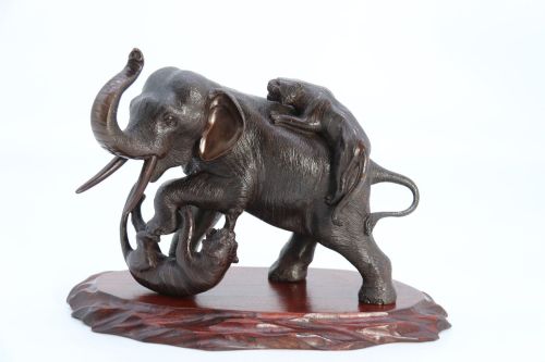 Japanese Meiji Period Bronze Study of an Elephant Fighting with Two Tigers Circa 1880
