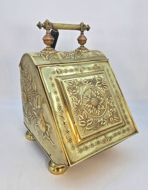 Rare Victorian Repoussé Brass Coal Box with Original Shovel, Circa 1880